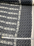 Striped Floral Border Printed Silk Chiffon - Navy Blue / Grey