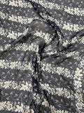 Striped Floral Border Printed Silk Chiffon - Navy Blue / Grey