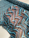 Chevron-Style Printed Silk Chiffon - Navy Blue / Sky Blue / Brown