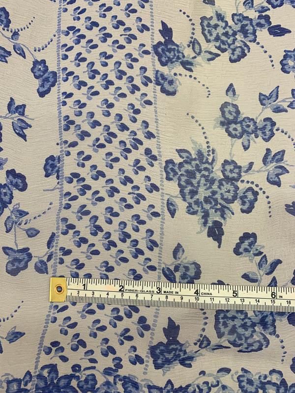Floral Border Printed Crinkled Silk Chiffon - Blue / Indigo