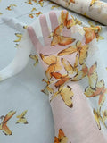Butterfly Printed Crinkled Silk Chiffon - Orange / Cream