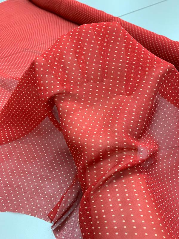 Mini Polka Dot Printed Silk Chiffon - Red / Tan
