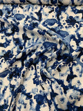 Watercolor Floral Printed Silk Crepe de Chine - Blue / White