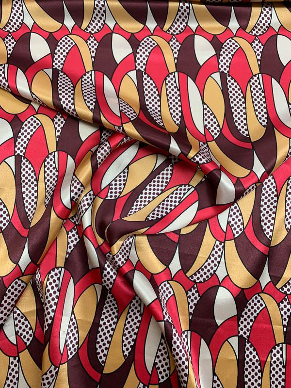 Art Deco Graphic Printed Silk Charmeuse - Red/Maroon/Multicolor