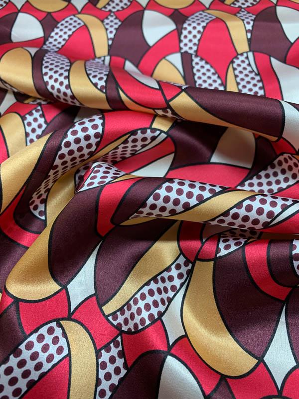 Art Deco Graphic Printed Silk Charmeuse - Red/Maroon/Multicolor