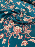 Flowers and Birds Printed Silk Crepe de Chine - Teal / Red / Cream
