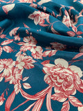 Flowers and Birds Printed Silk Crepe de Chine - Teal / Red / Cream