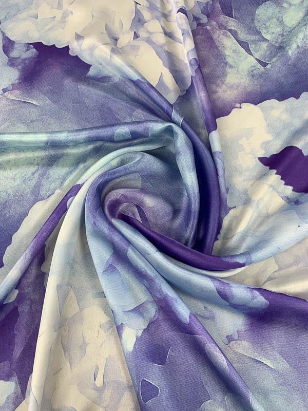Watercolor Floral and Alcohol-Ink Printed Satin Silk Chiffon -  Purple/Blue/White