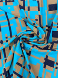 Abstract Art Deco Printed Silk Crepe de Chine - Turquoise / Navy / Mocha