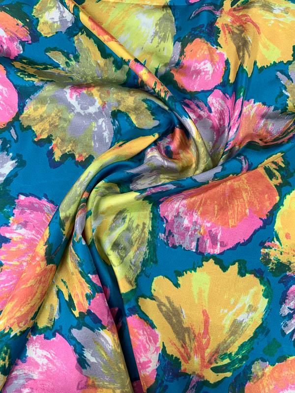 Painterly Floral Printed Silk Twill - Teal / Yellow / Pink