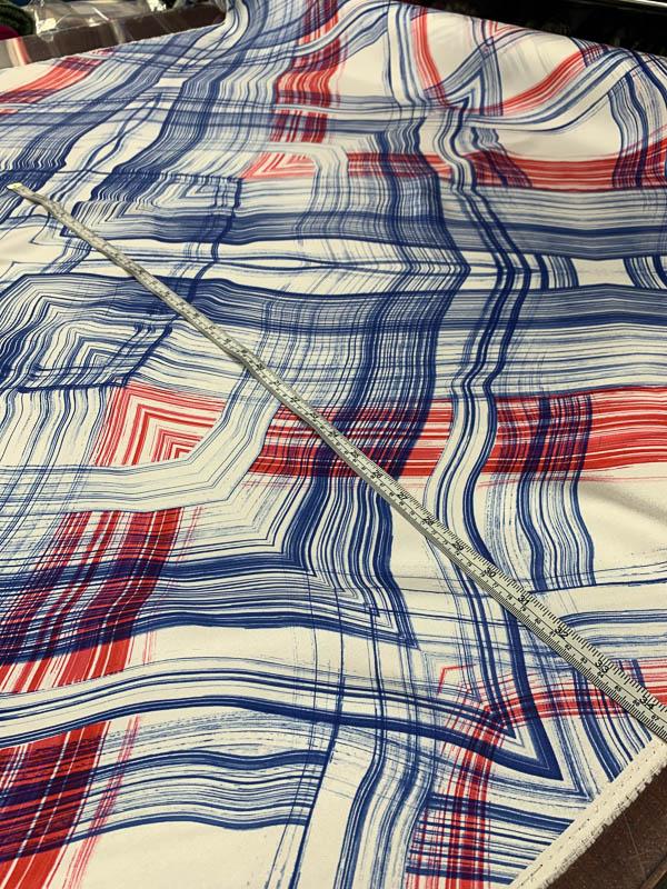 Diagonal Wavy Painterly Plaid Printed Silk Twill - Red / White / Blue