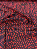 Graphic Wavy Linear Art Deco Printed Stretch Silk Georgette - Red / Black