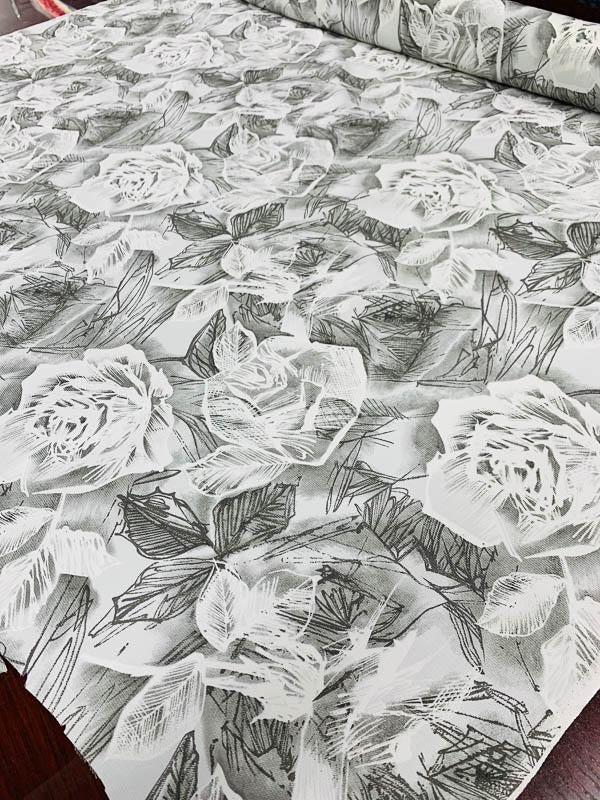 Floral Sketch Printed Silk Ottoman - Grey / White
