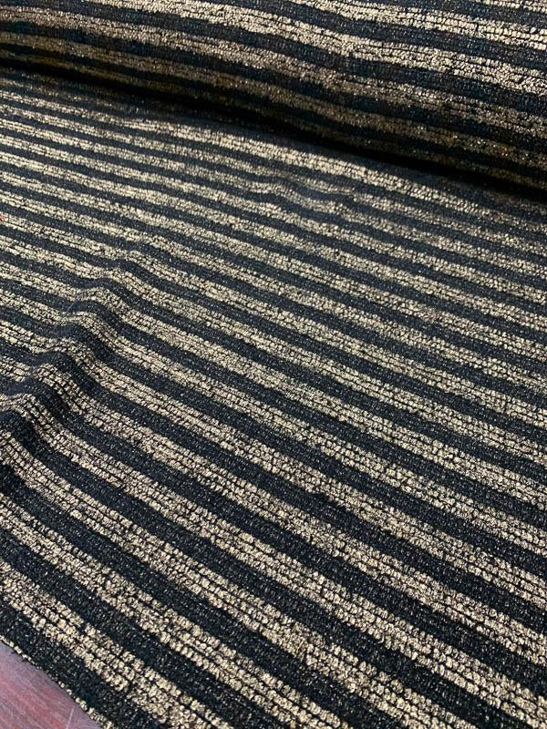 Metallic Foil Striped Printed Woven Wool Tweed Coating - Black/Gold ...