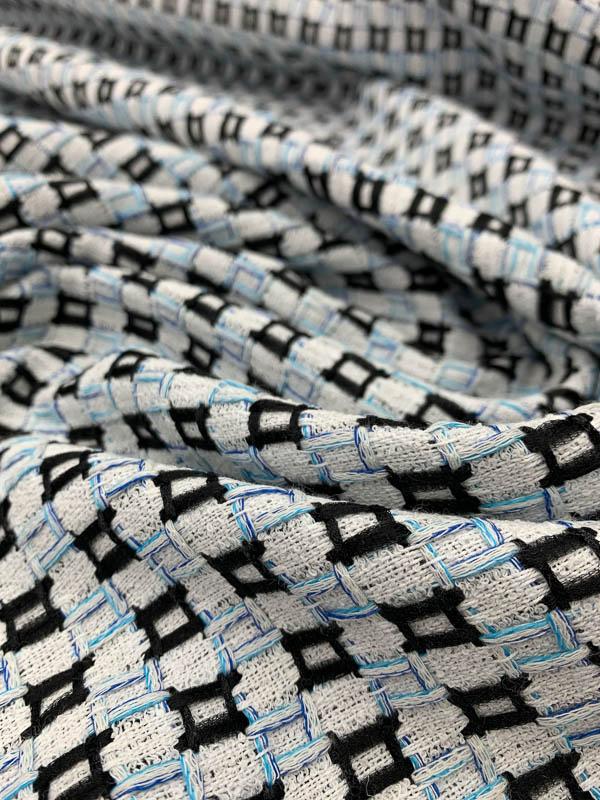 Geometric Weave Tweed - White / Black / Blue