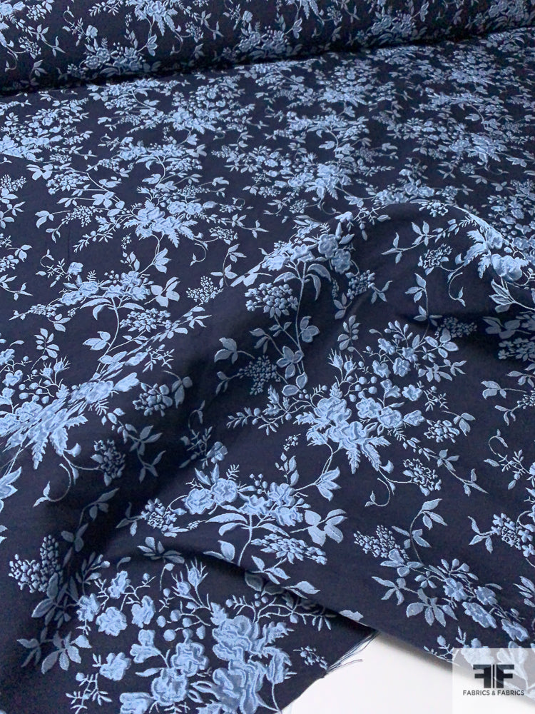 Pamella Roland Floral Textured Brocade - Sky Blue / Navy