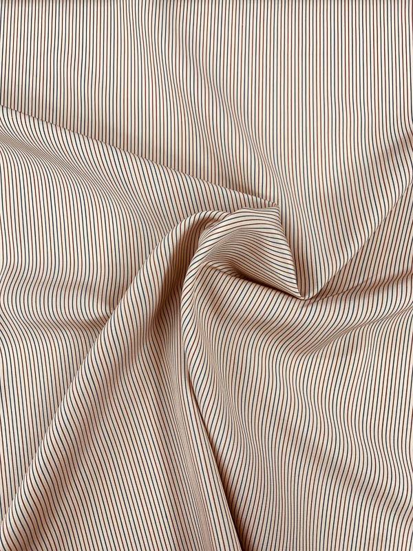 Vertical Fine Striped Printed Silk Broadcloth - Tan / Brown / Blue