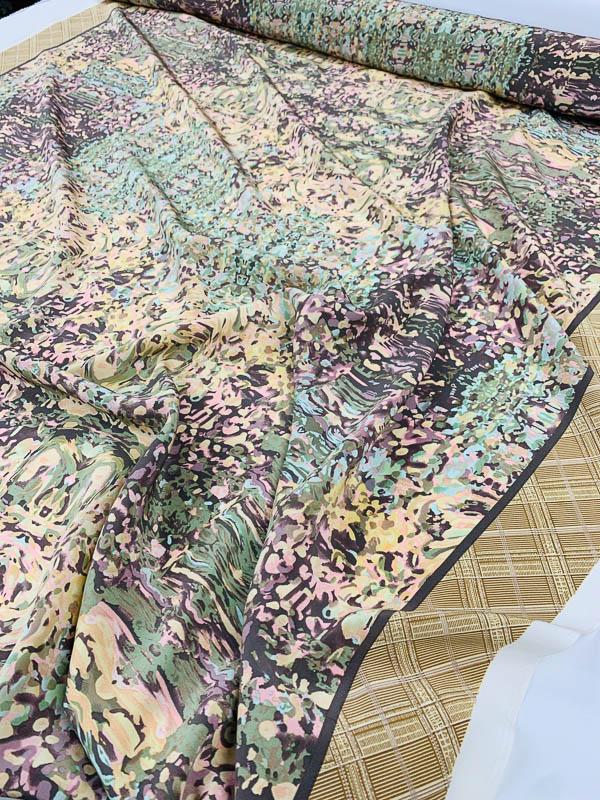 Double-Border Abstract Painterly Printed Silk Crepe de Chine - Earthy Multicolor