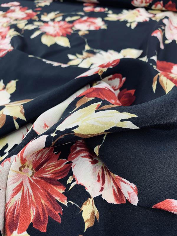 Romantic Floral Printed Silk Crepe de Chine - Maroon/Yellow/Black ...