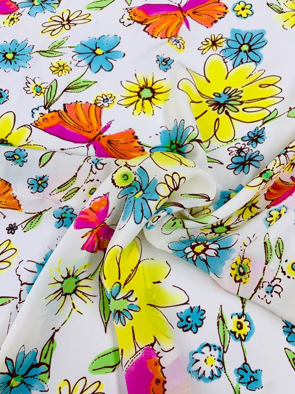 Butterfly and Floral Watercolor Printed Silk Crepe de Chine - Yellow / Blue / Orange / Pink / White