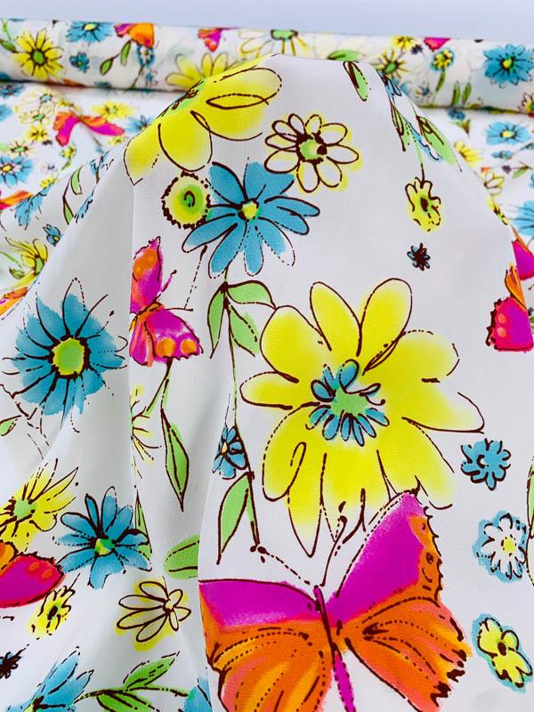 Butterfly and Floral Watercolor Printed Silk Crepe de Chine - Yellow / Blue / Orange / Pink / White