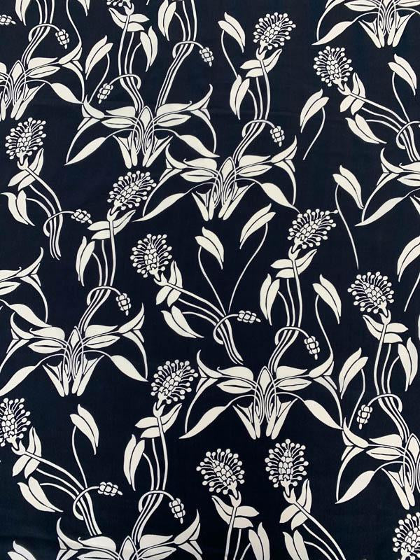 Floral Stalks Printed Silk Crepe de Chine Black White FABRICS