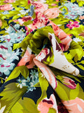 Floral Printed Silk Crepe de Chine - Green / Light Mauve / Grey-Teal