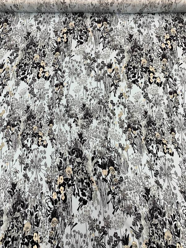 Floral Garden Matte-Side Printed Silk Charmeuse - Sky Blue / Black / White