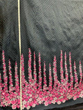 Textured Border Pattern Floral Novelty Organza Panel - Navy / Magenta / Pink