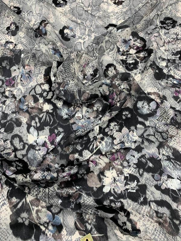 Novelty Snakeskin Printed Floral Burnout Silk Chiffon - Grey / Ivory / Blue / Violet