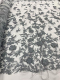 3D Floral and Feathered Embroidered Tulle - Grey