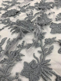 3D Floral and Feathered Embroidered Tulle - Grey