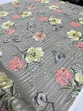 Bicycles and Flowers on Vertical Striped Burnout Silk - Taupe / Multicolor