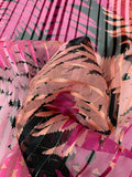 Tropical Leaf Printed Vertical Stripes with Lurex Pinstripes Burnout Silk - Magenta / Pink / Black / Gold