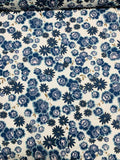 Whimsical Floral Printed Cotton Silk Voile - Blue / White / Olive Green