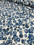 Whimsical Floral Printed Cotton Silk Voile - Blue / White / Olive Green