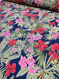 Tropical Floral Leaf Printed Cotton Linen - Blue / Green / Pink / Coral