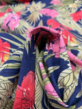 Tropical Floral Leaf Printed Cotton Linen - Blue / Green / Pink / Coral