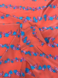 Horizontal Floral Striped Printed Silk Crepe de Chine - Coral-Orange / Blue / Magenta