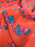 Horizontal Floral Striped Printed Silk Crepe de Chine - Coral-Orange / Blue / Magenta