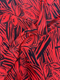 One-Sided Border Pattern Tropical Leaf Printed Silk Crepe de Chine - Red / Black