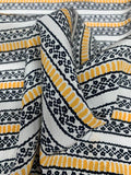 Ethnic Horizontal Striped Printed Silk Crepe de Chine - White / Dark Navy / Yellow