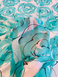 Bold Watercolor Floral Poppy Printed Silk Chiffon - Seafoam Green / Cream