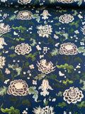 Italian Oriental-Inspired Floral Printed Silk Charmeuse - Navy / Sage / Lilac