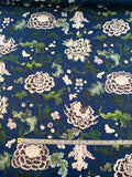 Italian Oriental-Inspired Floral Printed Silk Charmeuse - Navy / Sage / Lilac