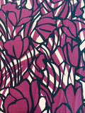 Artistic Graphic Floral Border Printed Stretch Silk Charmeuse - Eggplant / Black / Cream