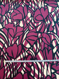 Artistic Graphic Floral Border Printed Stretch Silk Charmeuse - Eggplant / Black / Cream