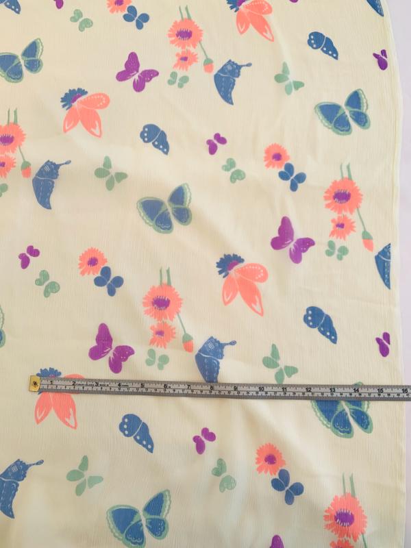 Butterfly and Floral Printed Silk Chiffon - Butter Yellow / Coral / Blue / Purple