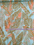 Tropical Leaf Printed Stretch Cotton Twill - Aqua Green / Olive / Orange