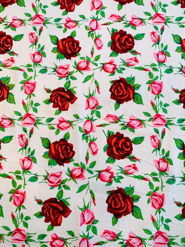 Floral Rose Plissé Stretch Printed Cotton Shirting - White / Red / Pink / Green